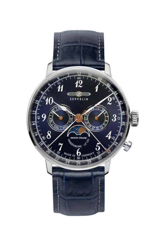 Zeppelin Hindenburg LZ129 7036-3 Herrenuhr Nachtblau • Mondphase • Swiss Quarz Ronda 706.B