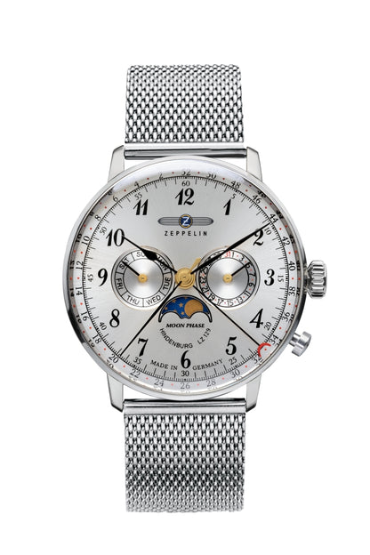 Zeppelin Hindenburg LZ129 7036M-1 Herrenuhr Silber • Mondphasen-Anzeige • Schweizer Quarzwerk