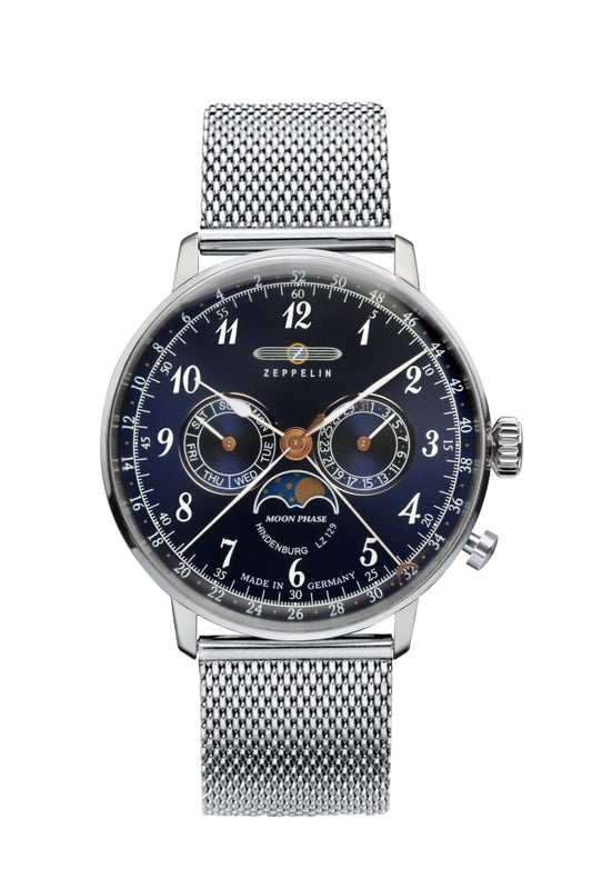 Zeppelin Hindenburg LZ129 7036M-3 Herrenuhr Blau • Mondphase & Schweizer Quarzwerk • Milanaise-Armband