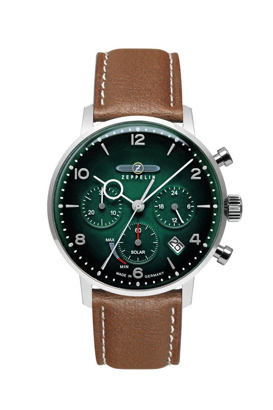 Zeppelin Hindenburg LZ129 8086-4N Herrenuhr Dunkelgrün • Solar-Chronograph • Veganes Lederarmband