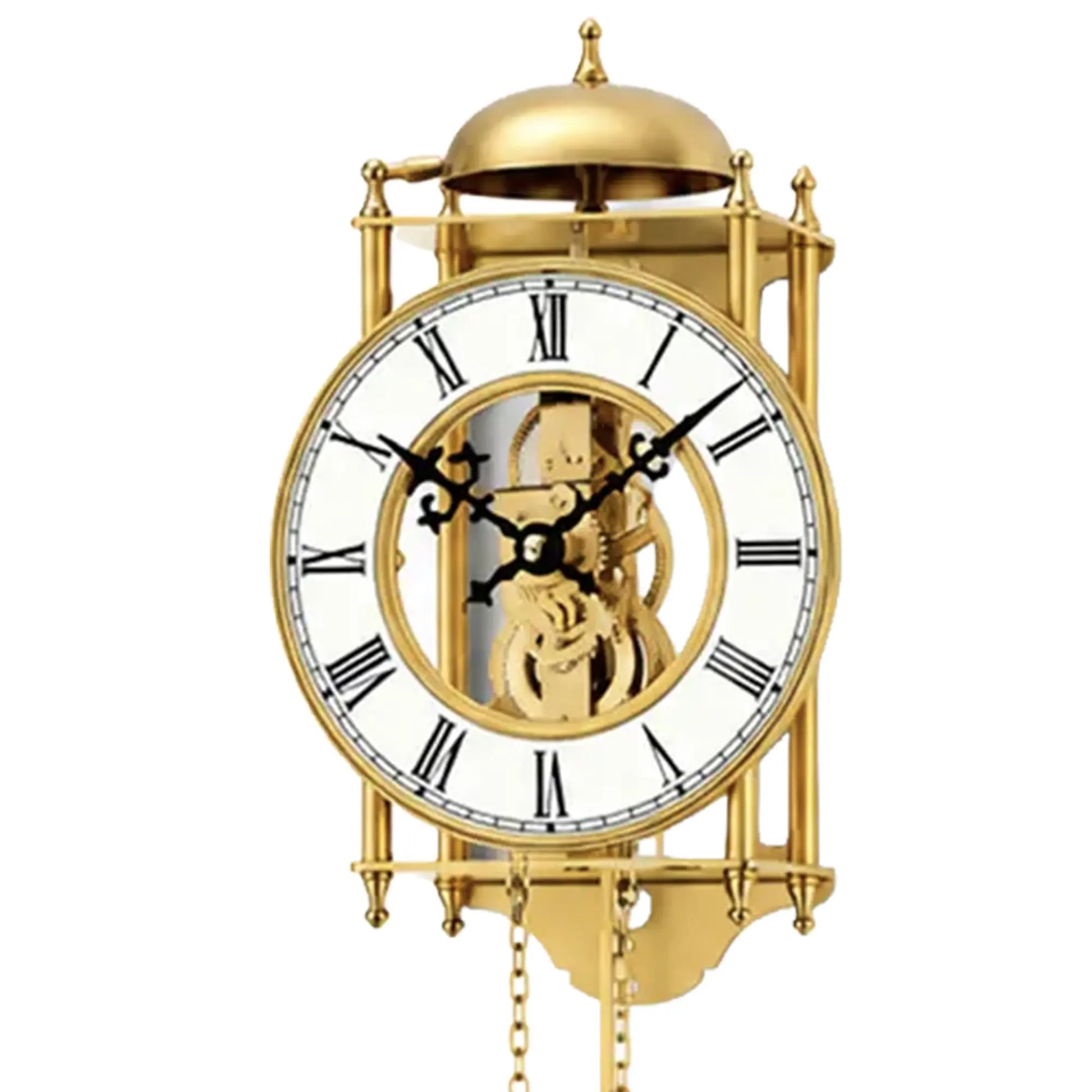 Wanduhr-Ziffernblatt mit römischen Ziffern, offenem Uhrwerk und goldener Umrandung