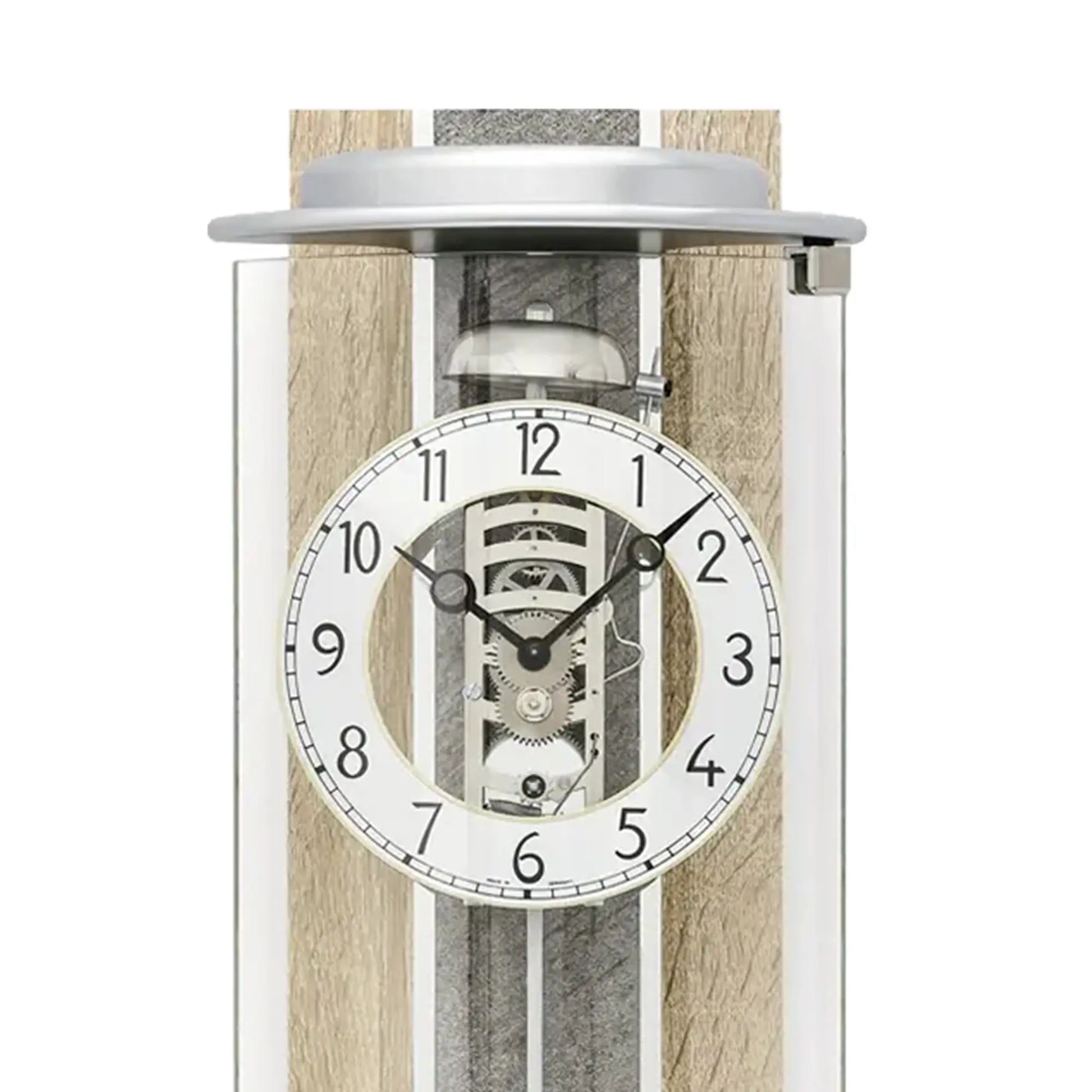 Regulator-Wanduhr: weißes Zifferblatt mit sichtbarer Mechanik hinter Mineralglas