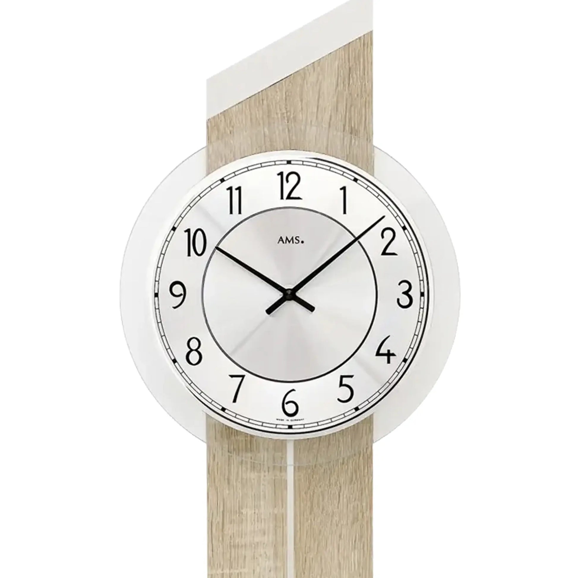 Wanduhr-Zifferblatt: rund, weiße Fläche, schwarze Zahlen und Zeiger, AMS
