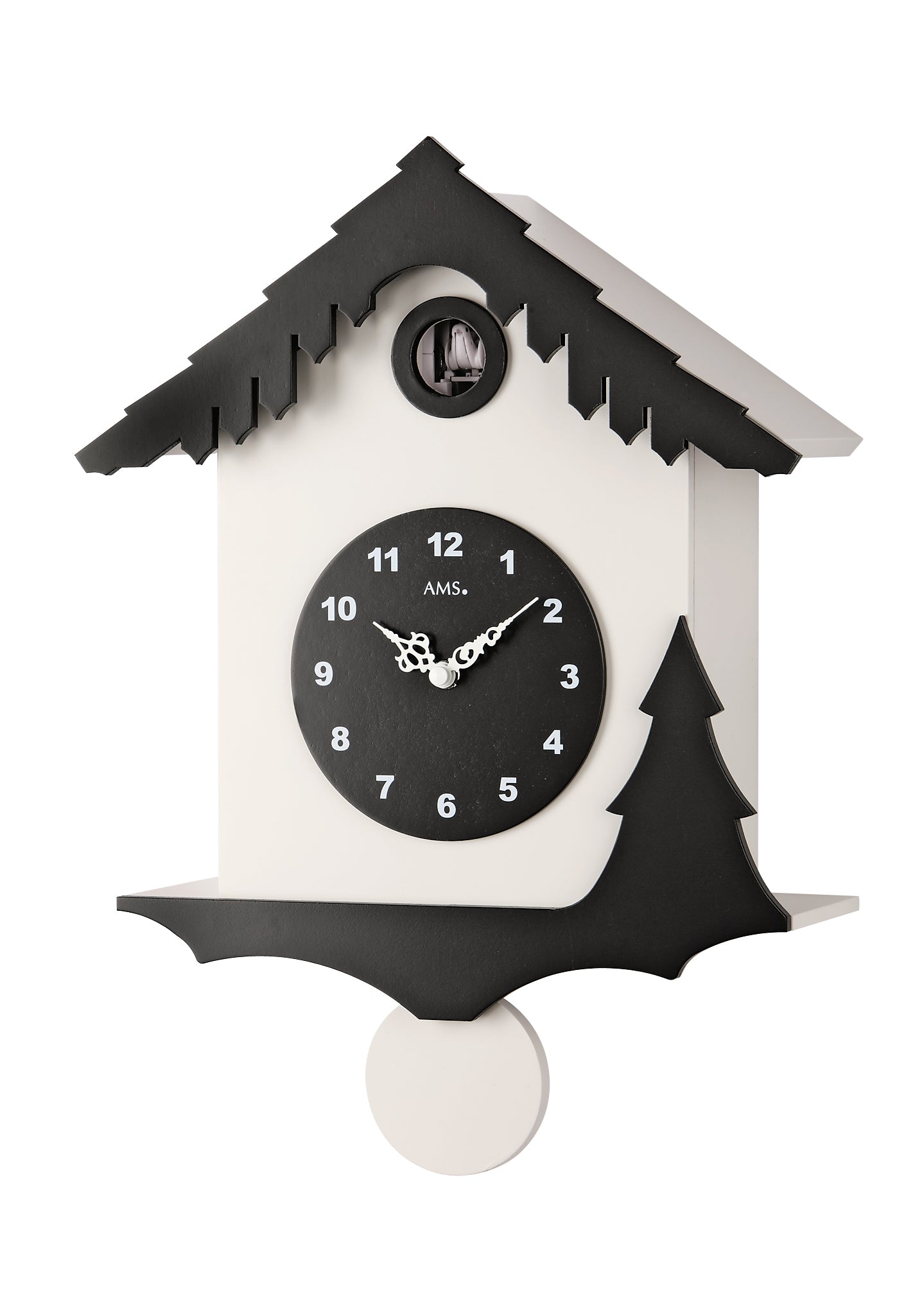 Wanduhr mit Kuckucksuhr-Zifferblatt, schwarz-weißem Gehäuse und Pendelwerk