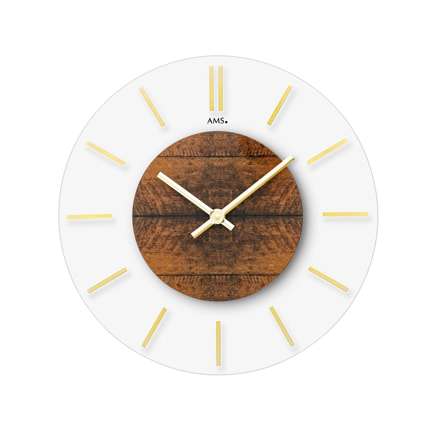 AMS Wanduhr mit runder Holz-Mitte, weißem Ring und goldenen Markierungen, Zeigern.