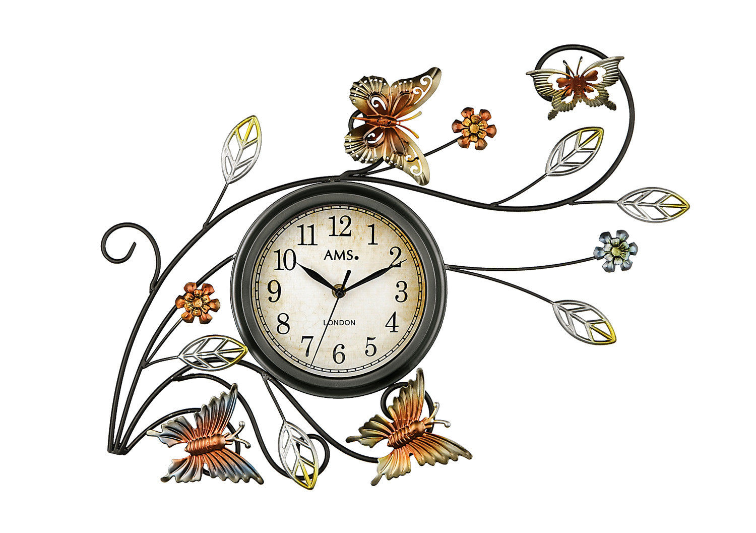 Wanduhr mit rundem Ziffernblatt und Schmetterlings-Metallornamenten