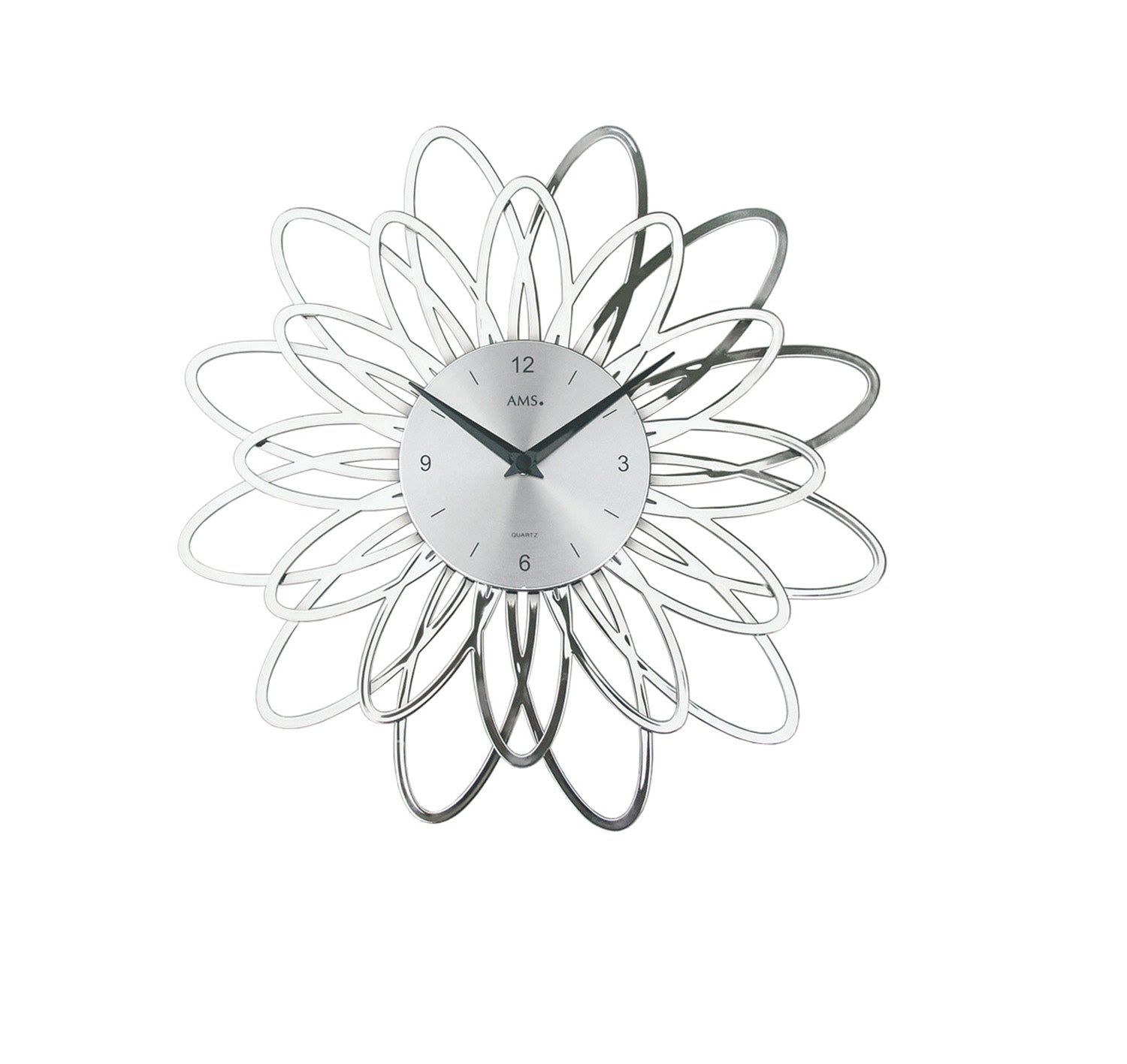 AMS Wanduhr mit floraler Metallblatt-Optik und weißem Ziffernblatt, schwarze Zeiger
