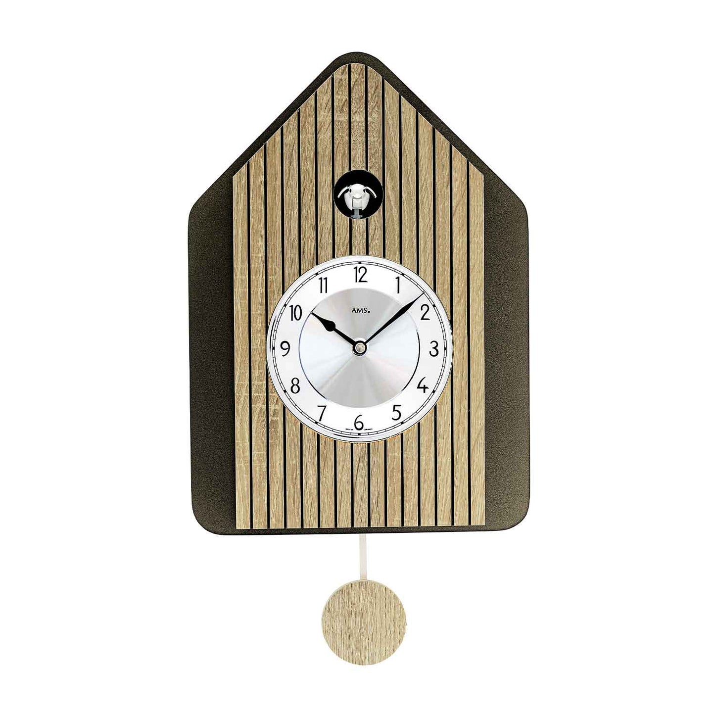 Wanduhr mit Hausform, Holzoptik, rundem Ziffernblatt und Pendel