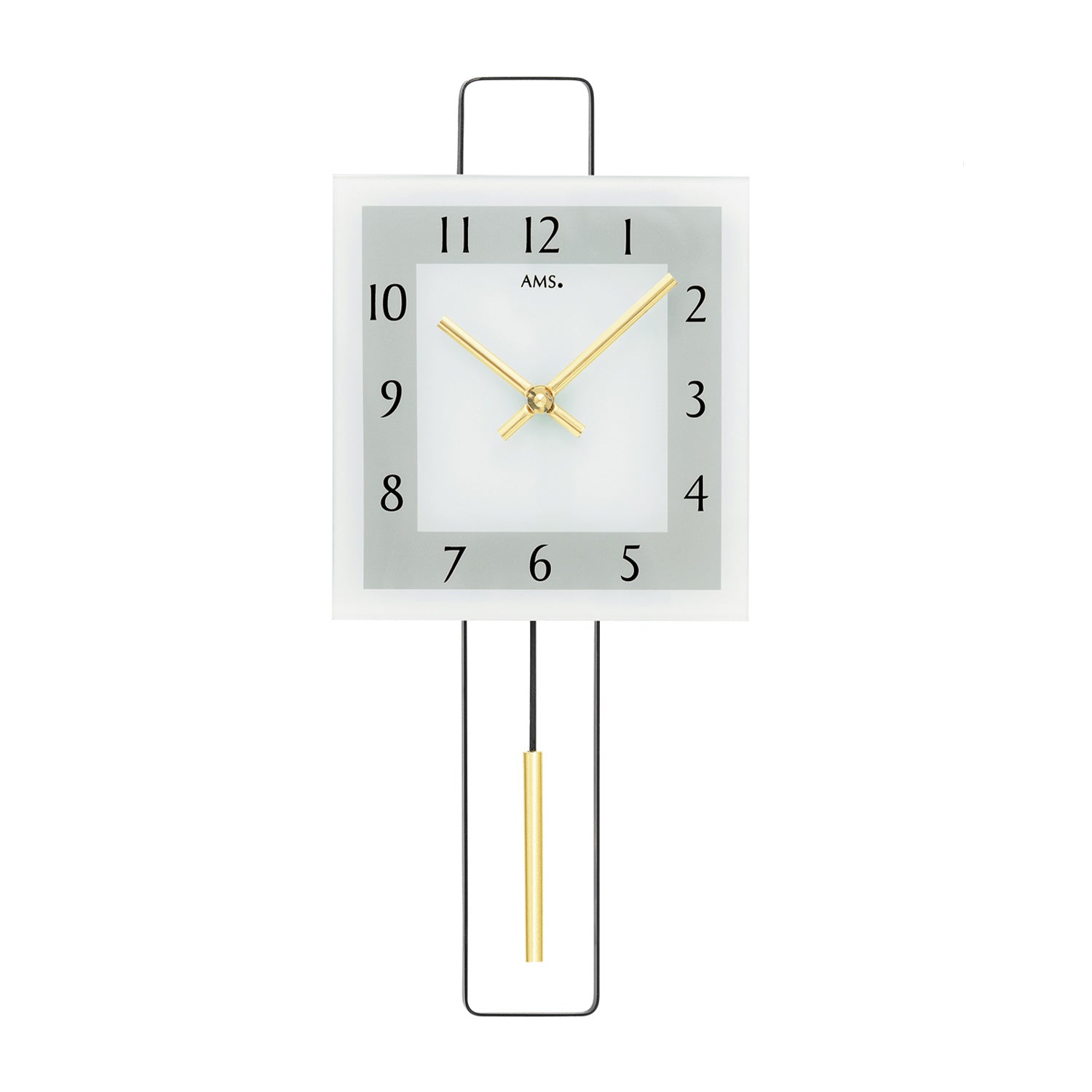 AMS Wanduhr mit rechteckigem Metallgehäuse, goldenen Zeigern und Pendelwerk