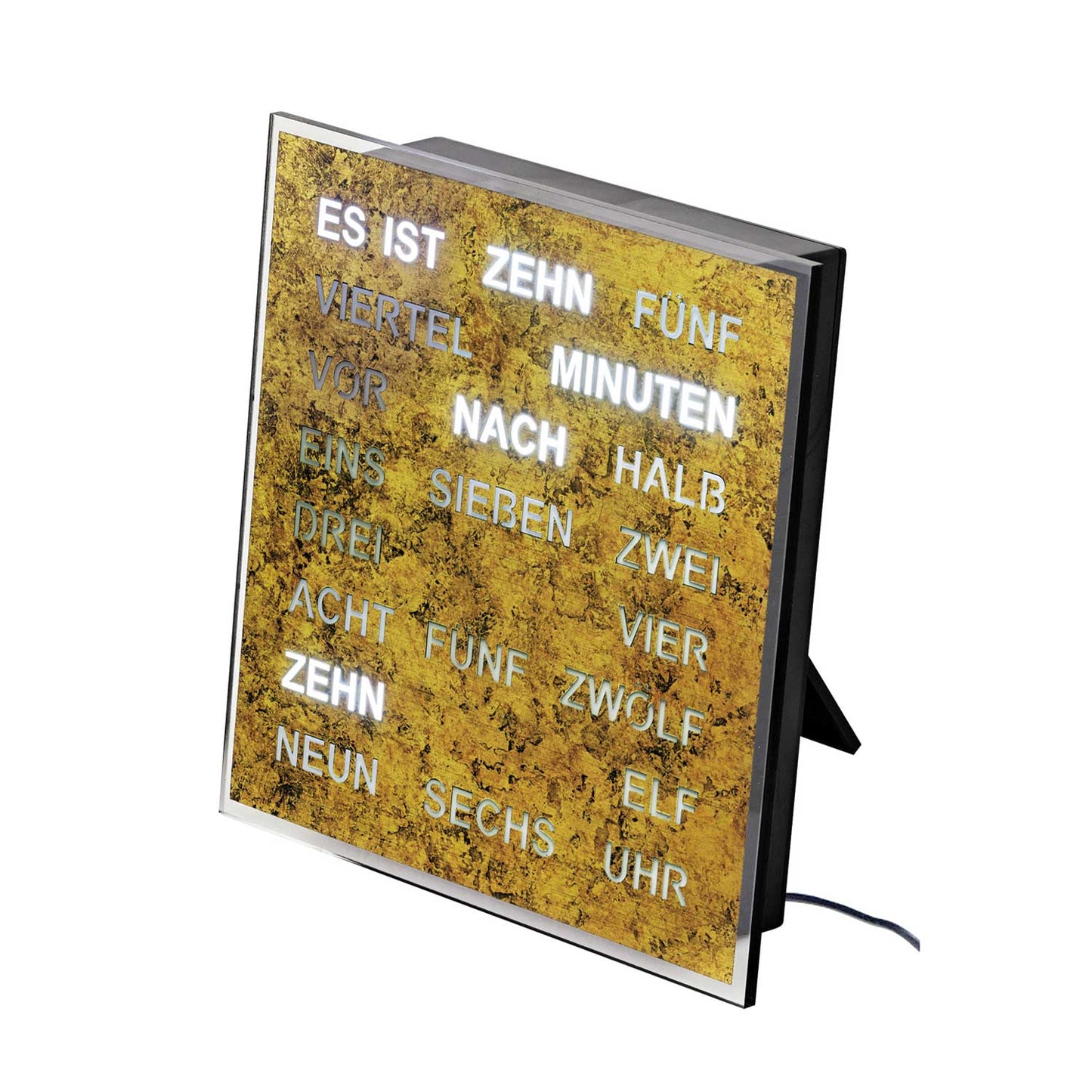 Wanduhr Wortuhr mit LED-Anzeige, goldbraunes Ziffernfeld und schwarzem Rahmen, Netzteil-Kabel
