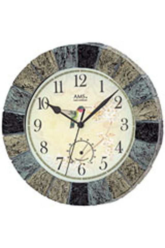 Runde Funk-Wanduhr mit schwarzem Zifferblatt und steinfarbigem Rahmen