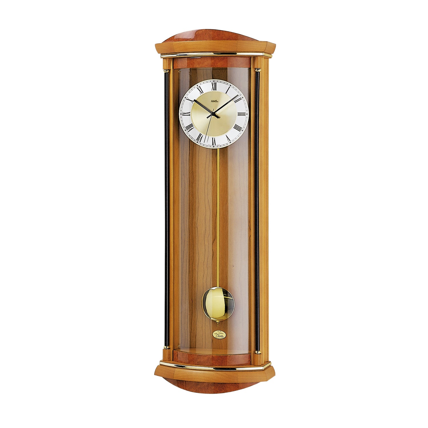 Wanduhr mit Holzgehäuse, Glasfront und weißem Zifferblatt
