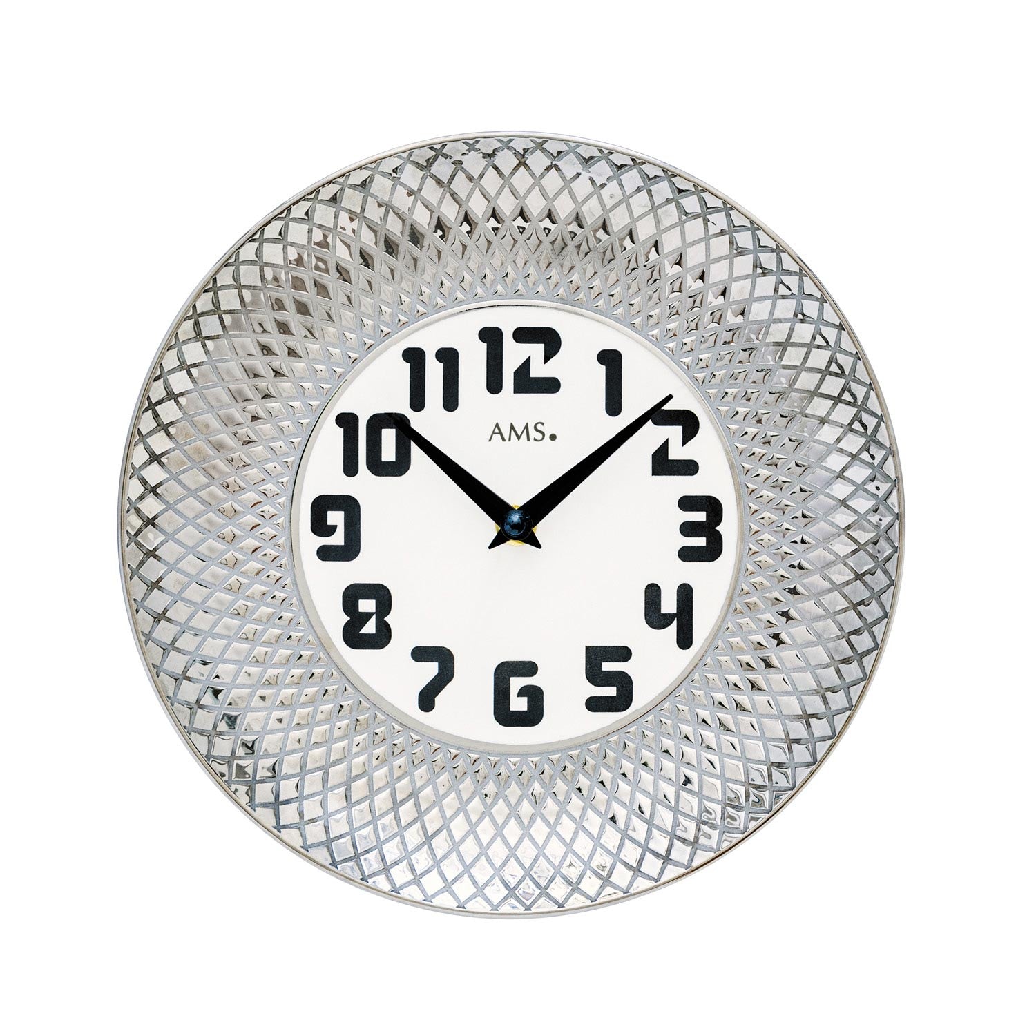 Runde Wanduhr mit silbernem Keramikgehäuse, weißem Ziffernblatt und schwarzen Zeigern