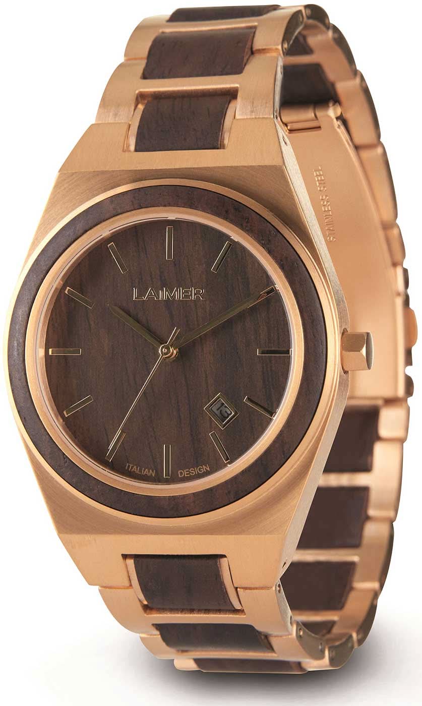 Herrenarmbanduhr mit braunem Leadholz-Zifferblatt und beigem Metallarmband, Datumsanzeige