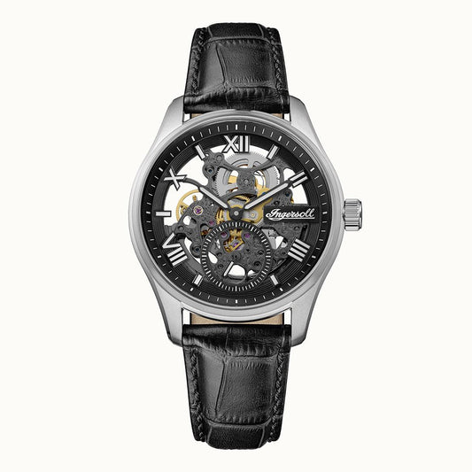 Herrenarmbanduhr Ingersoll mit schwarzem Lederband, schwarzem Zifferblatt und Sichtwerk.