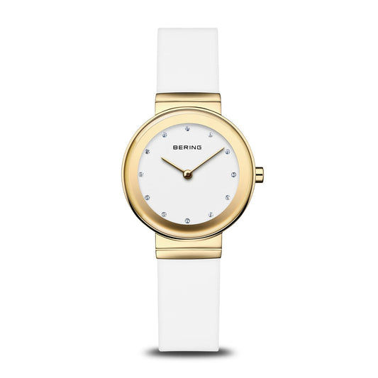 Damenuhr mit rundem weißem Silikonarmband, goldfarbener Lünette und weißem Zifferblatt