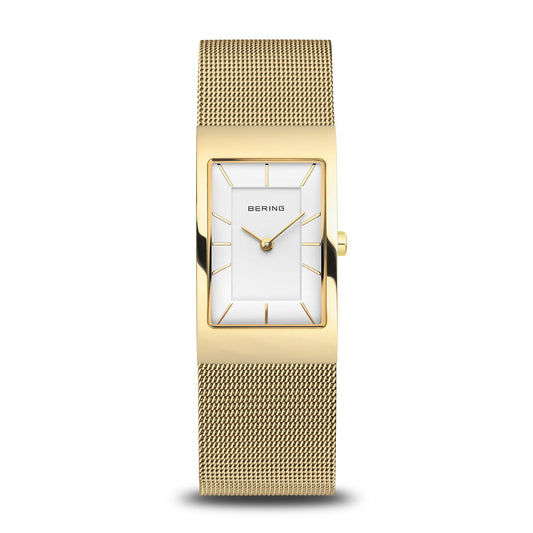 BERING Damenuhr mit goldfarbenem Rechteckgehäuse und Milanaise-Armband, weißes Zifferblatt