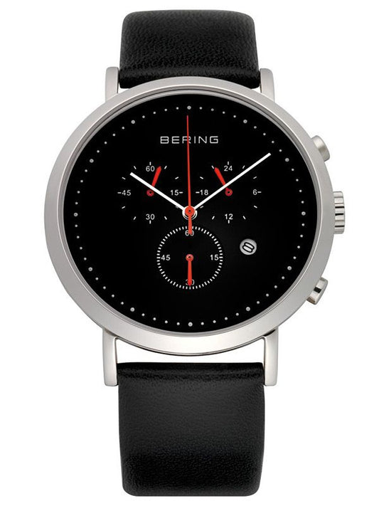 Bering Herrenuhr mit schwarzem Zifferblatt, schwarzem Lederarmband und silbernem Gehäuse