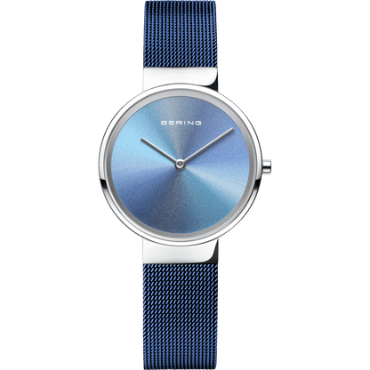Damenuhr mit blauem Zifferblatt und silberner Lünette, blaues Milanaise-Armband
