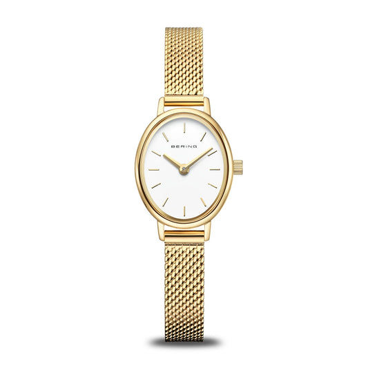 Bering Damenuhr in Gold mit weißem Zifferblatt und Milanaise-Armband