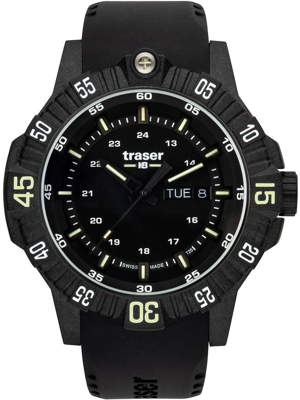 Traser P99 Q Herrenarmbanduhr in Schwarz mit Gummiband, rundem Zifferblatt und Leuchtpunkten