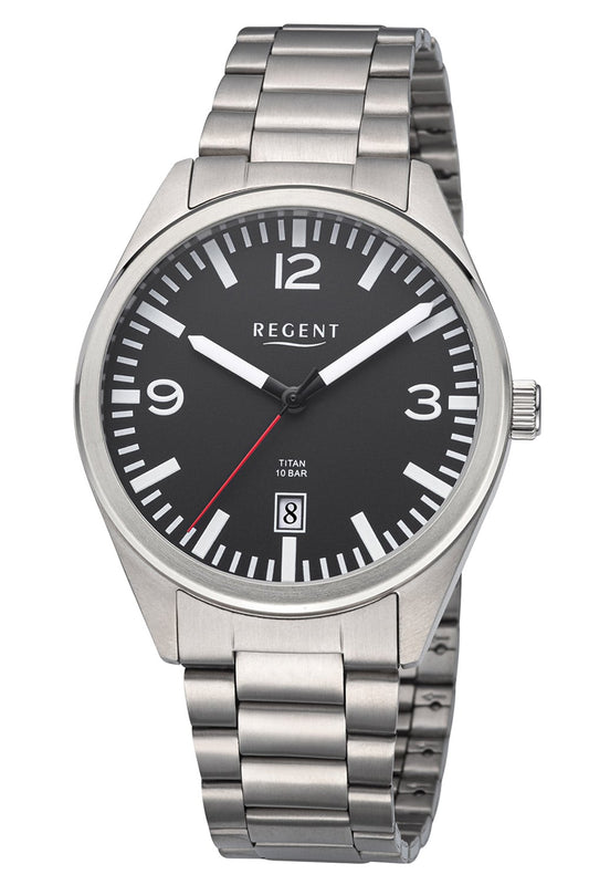 Regent F-1604 Herren-Armbanduhr Titan Schwarz • Quarzwerk mit Datumsanzeige • 10 Bar wasserdicht