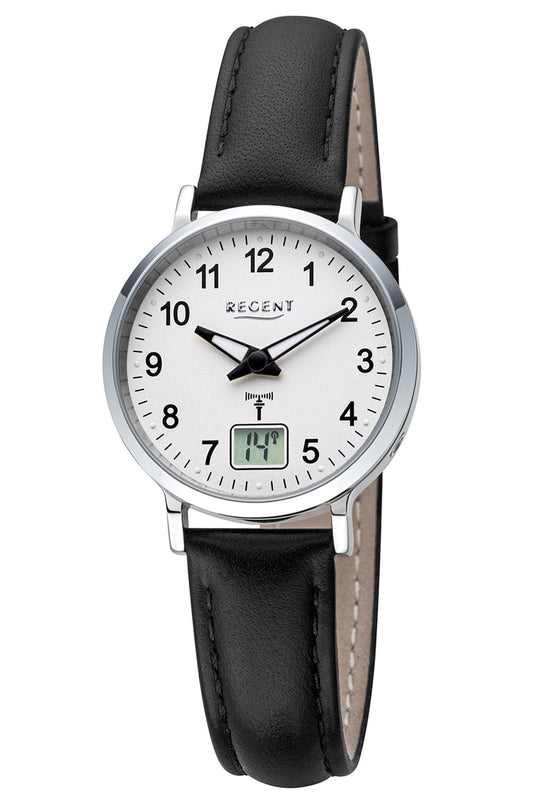Regent FR-296 Damen Armbanduhr Schwarz/Silberfarben • Funkuhr DCF77 • Gut Ablesbar