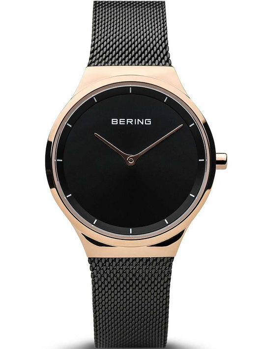 Bering Damenuhr mit schwarzem Zifferblatt und roségoldfarbenem Gehäuse, Milanaisearmband grau