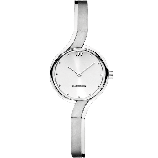 Silberne Damenuhr mit rundem Zifferblatt, dünnen Zeigern und Metallarmband