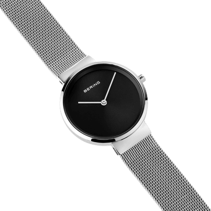 Damenuhr mit schwarzem Zifferblatt, silbernem Gehäuse und Milanaise-Armband