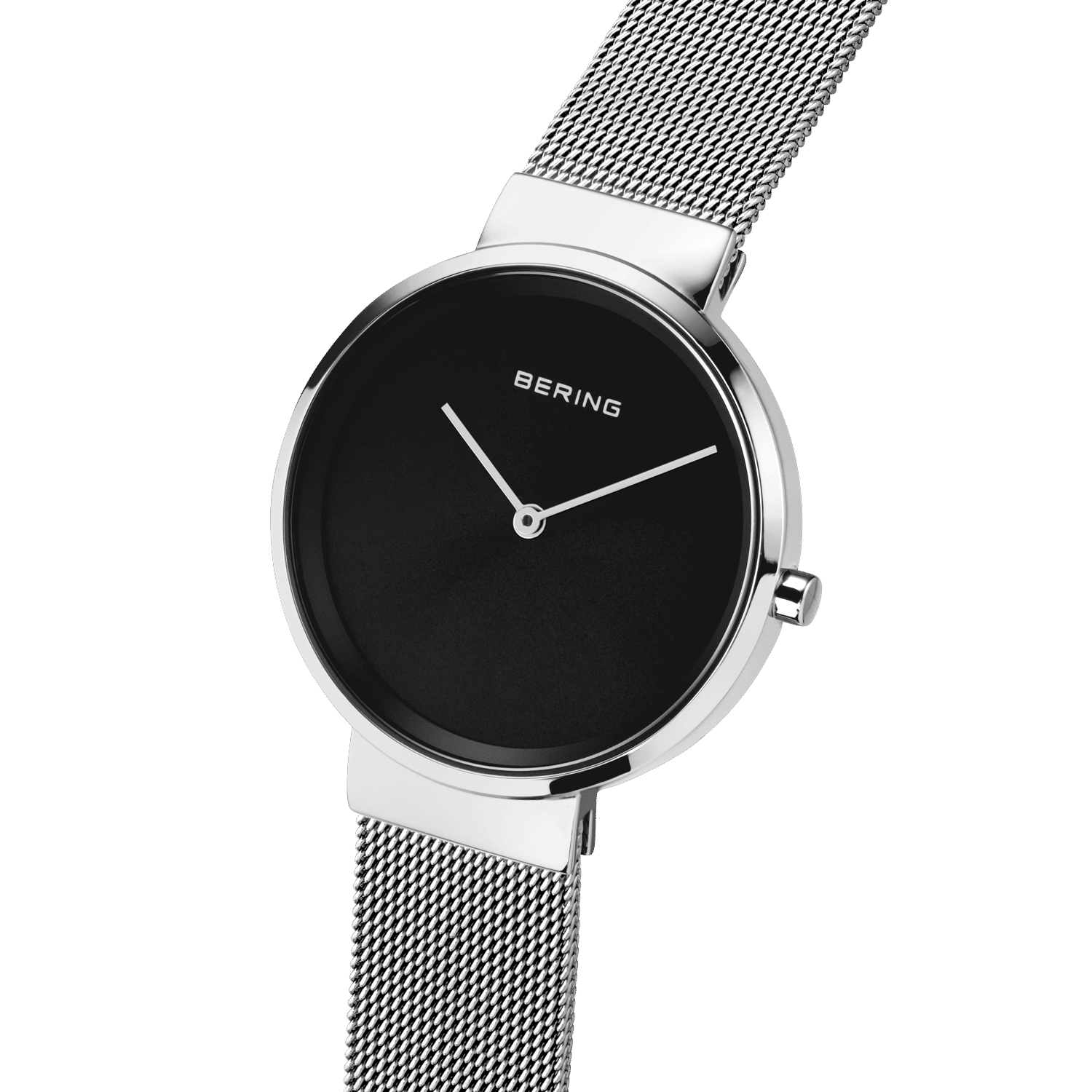 Damenuhr mit schwarzem Zifferblatt, schlankem silbernem Gehäuse und Milanaise-Armband
