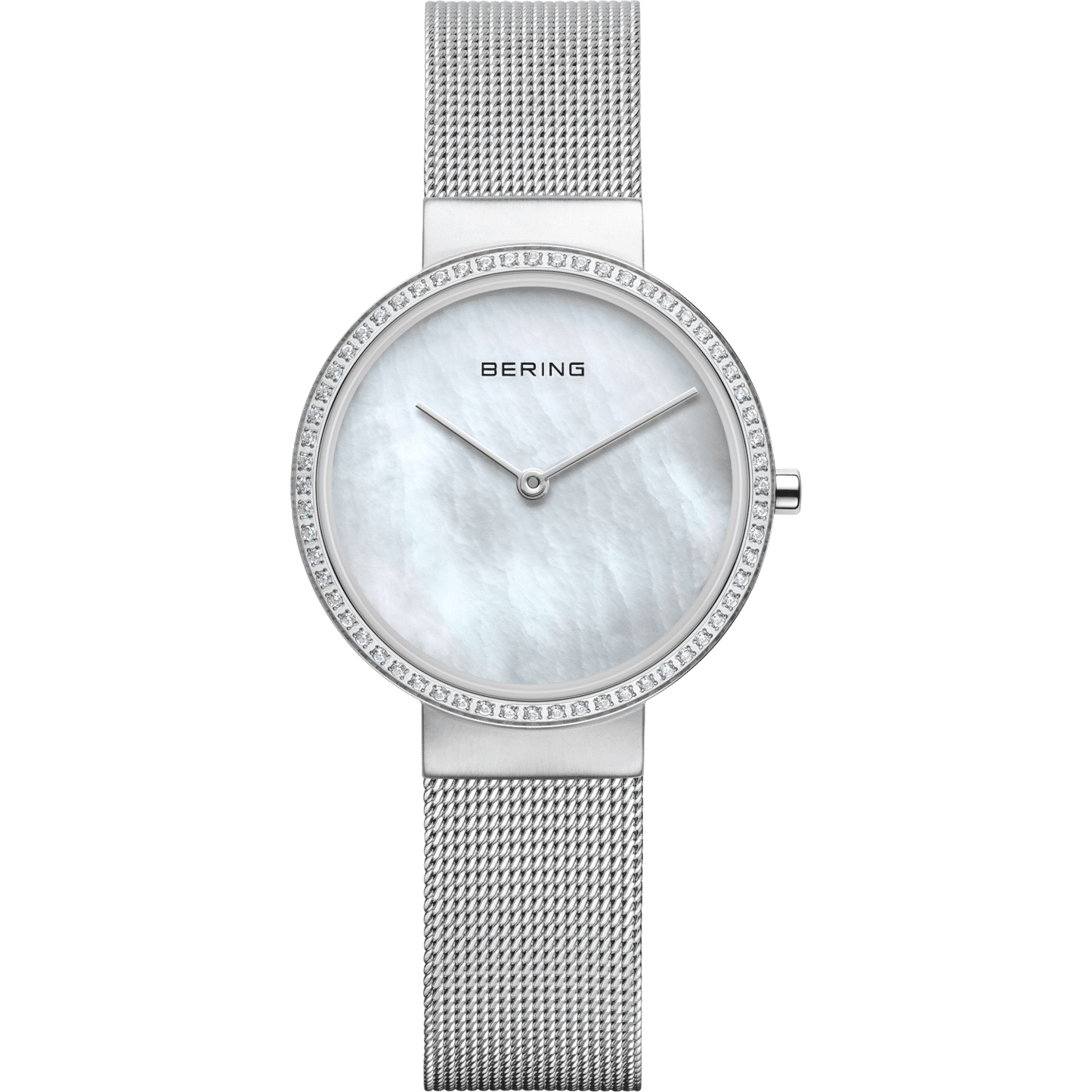 Bering Damenuhr mit Perlmuttzifferblatt, Strasslünette und Milanaise-Armband