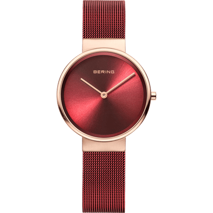 Bering Damenuhr mit rotem Zifferblatt und roségoldfarbenem Milanaise-Armband
