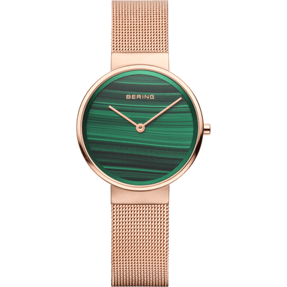 Bering Classic Damenuhr mit grünem Zifferblatt und roségoldenem Milanaise-Armband