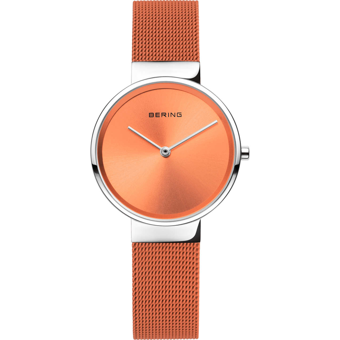 Damenuhr mit orangefarbenem Zifferblatt und Milanaise-Armband, silberfarbene Gehäusefassung