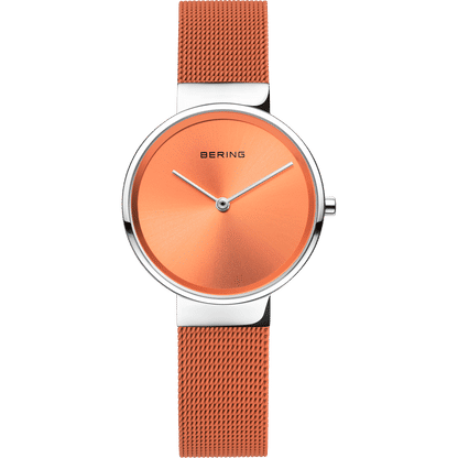 Damenuhr mit orangefarbenem Zifferblatt und Milanaise-Armband, silberfarbene Gehäusefassung