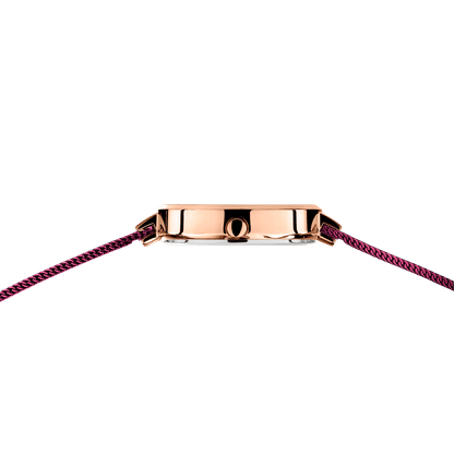 Bering Damenarmbanduhr mit roségoldenem Gehäuse und violettem Band