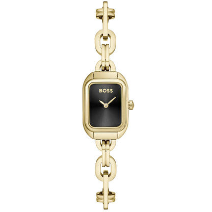 Damenarmbanduhr mit goldfarbenem Gliederarmband und schwarzem Zifferblatt