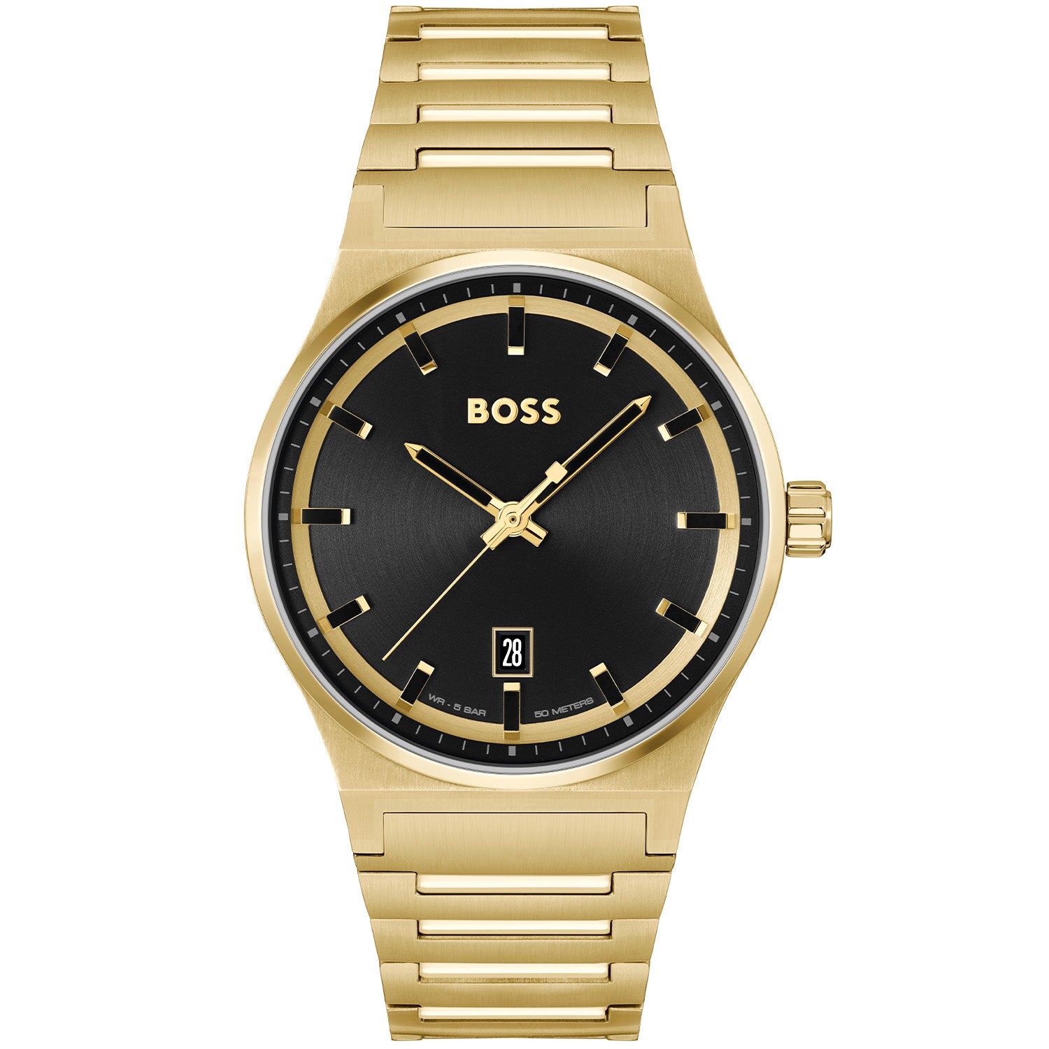 Elegante Damenarmbanduhr mit goldfarbenem Metallarmband und schwarzem Zifferblatt