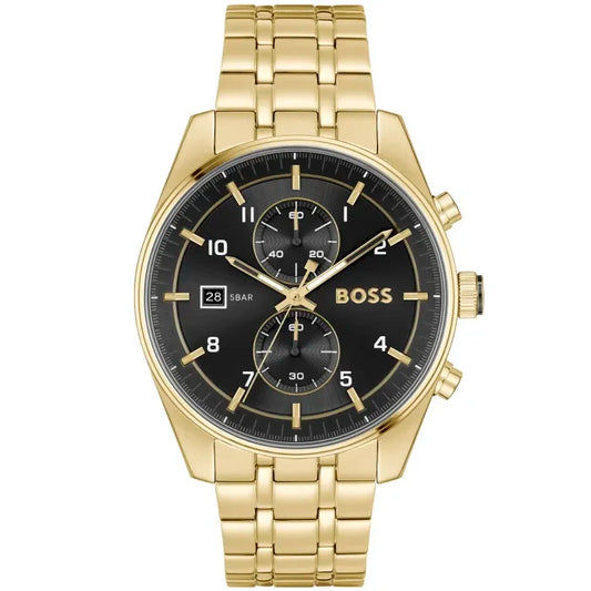 Herrenarmbanduhr mit goldfarbenem Metallband, schwarzem Zifferblatt und Chronograph-Optik
