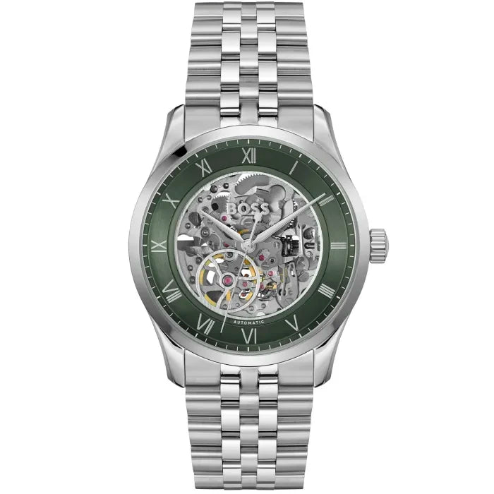 BOSS Principle Skeleton 1514236 Herren Armbanduhr Grün • Automatikwerk • Skelettiertes Zifferblatt