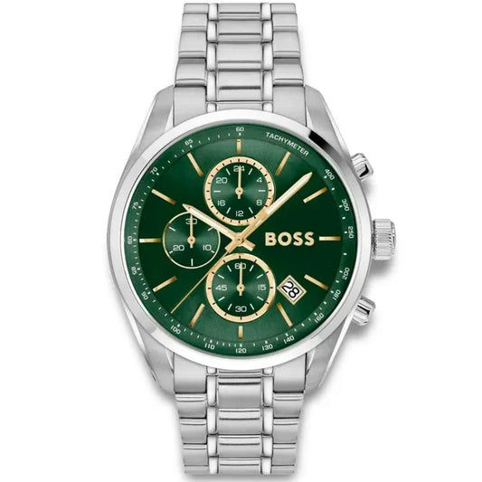 BOSS Herrenarmbanduhr mit grünem Zifferblatt, Edelstahlband und Tachymeter-Umrandung