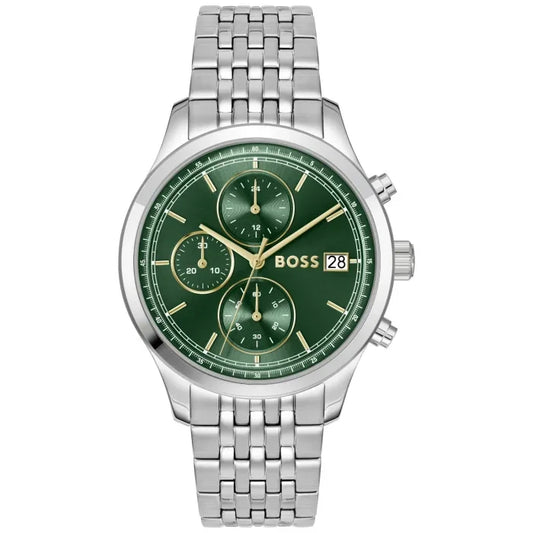 Herrenarmbanduhr BOSS mit grünem Zifferblatt, Chronographen-Zählern und Edelstahlarmband