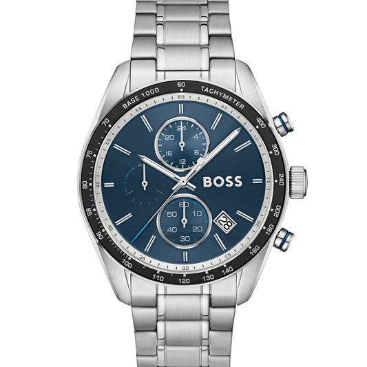Herrenarmbanduhr mit Chronograph, blauem Zifferblatt und Edelstahlarmband von BOSS