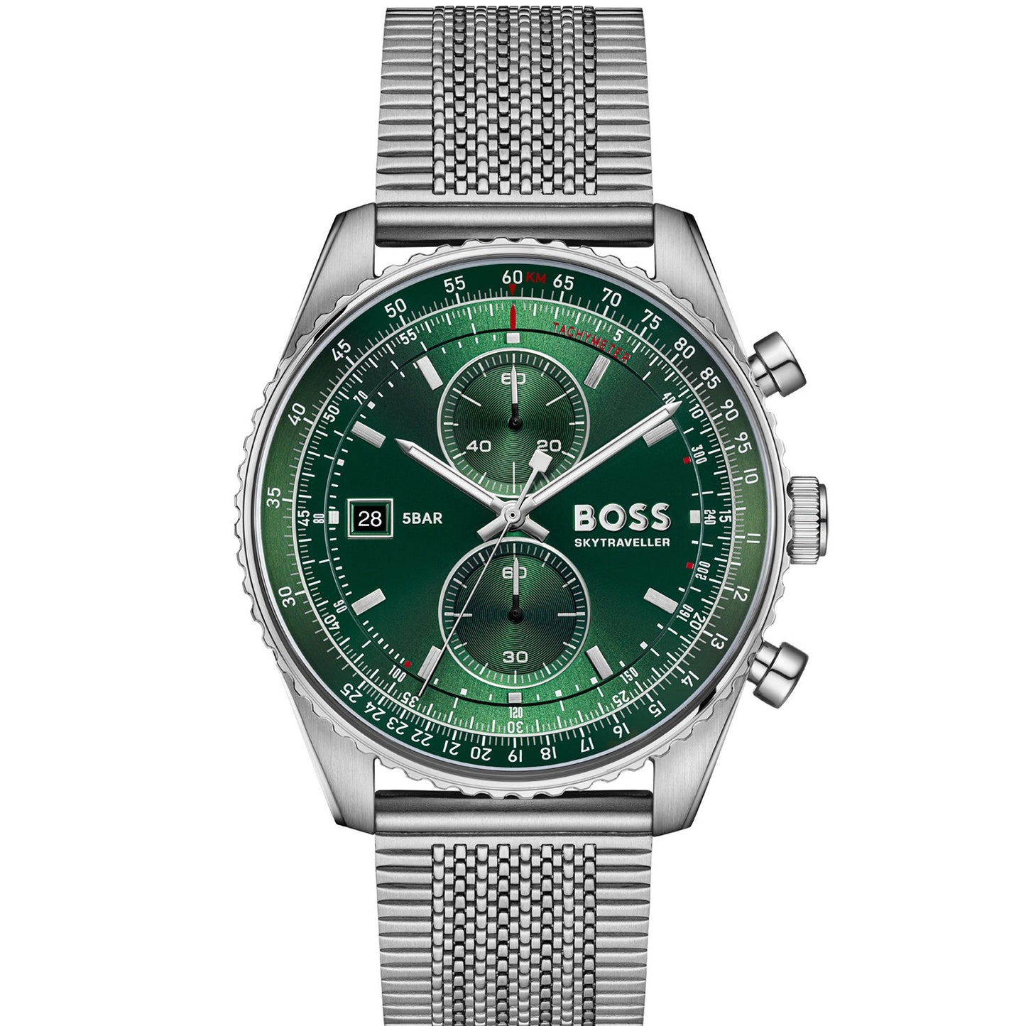 Herrenarmbanduhr BOSS: grünes Chronograph-Zifferblatt, Edelstahl-Meshband