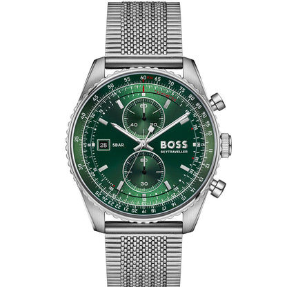 Herrenarmbanduhr BOSS: grünes Chronograph-Zifferblatt, Edelstahl-Meshband