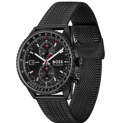Herren-Chronograph BOSS mit Tachymeter, schwarzes Zifferblatt, Lünette, Mesharmband