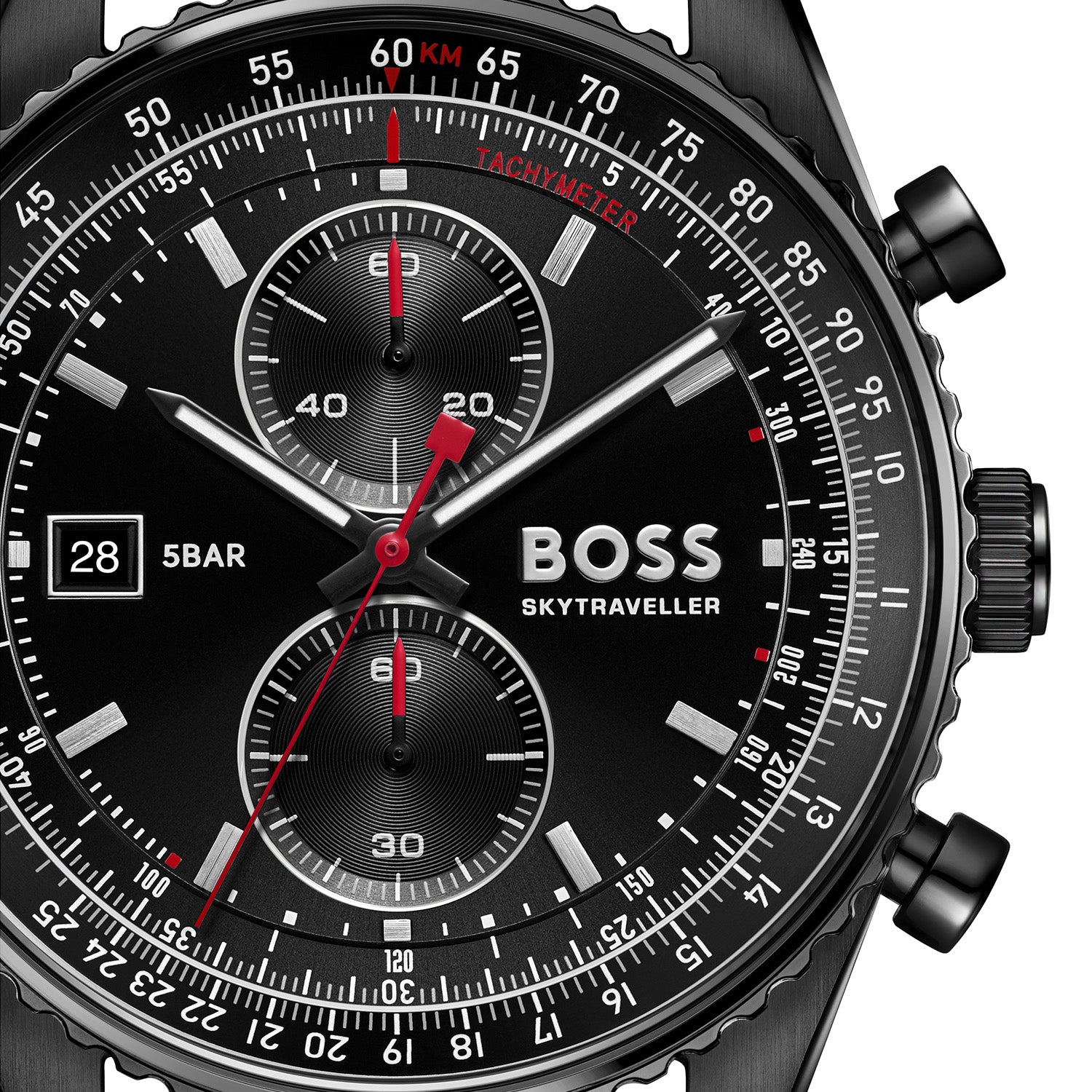 Nahaufnahme Herren-Chronograph mit Tachymeter, schwarzes Zifferblatt mit roten Akzenten