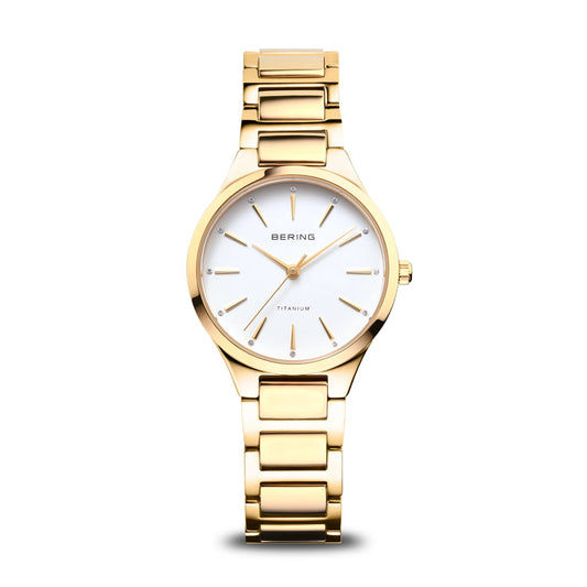 Bering Damenuhr mit goldfarbenem Metallarmband und weißem Zifferblatt