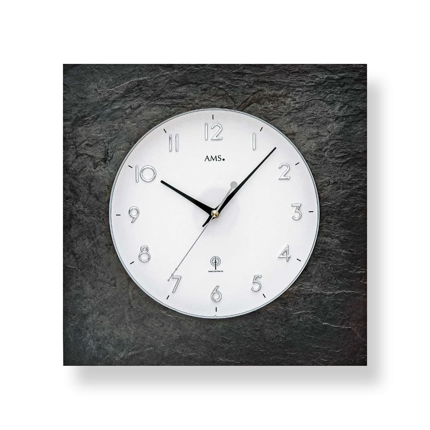 AMS Wanduhr 34x34x5 cm Schiefer • Funkgesteuert • Modernes Design